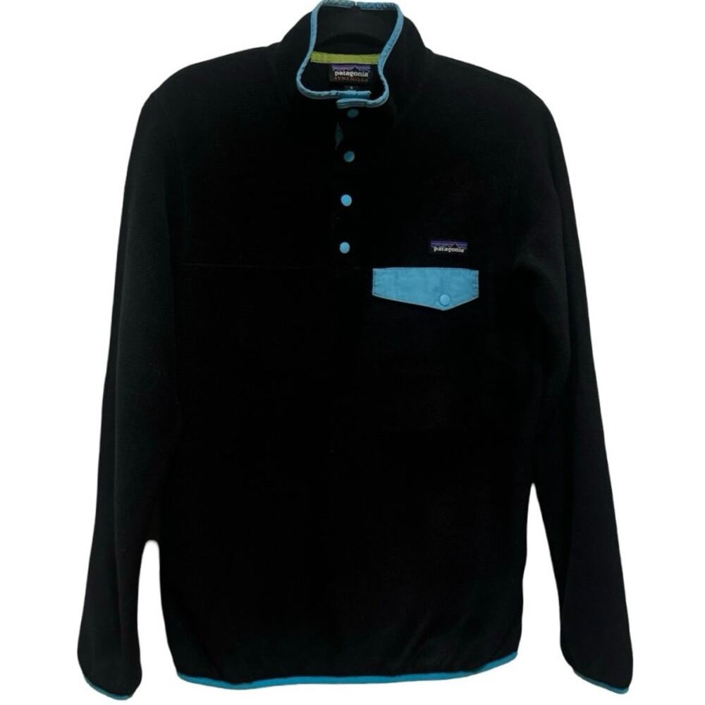 Patagonia Black Fleece Pullover with Light Blue Trim